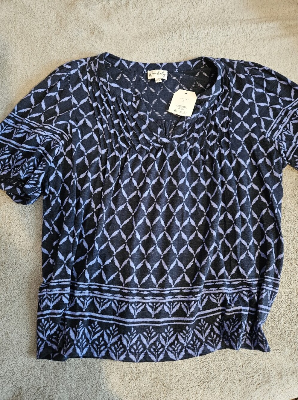 Wonderly Navy and Light Blue Geometric Short Sleeve Blouse